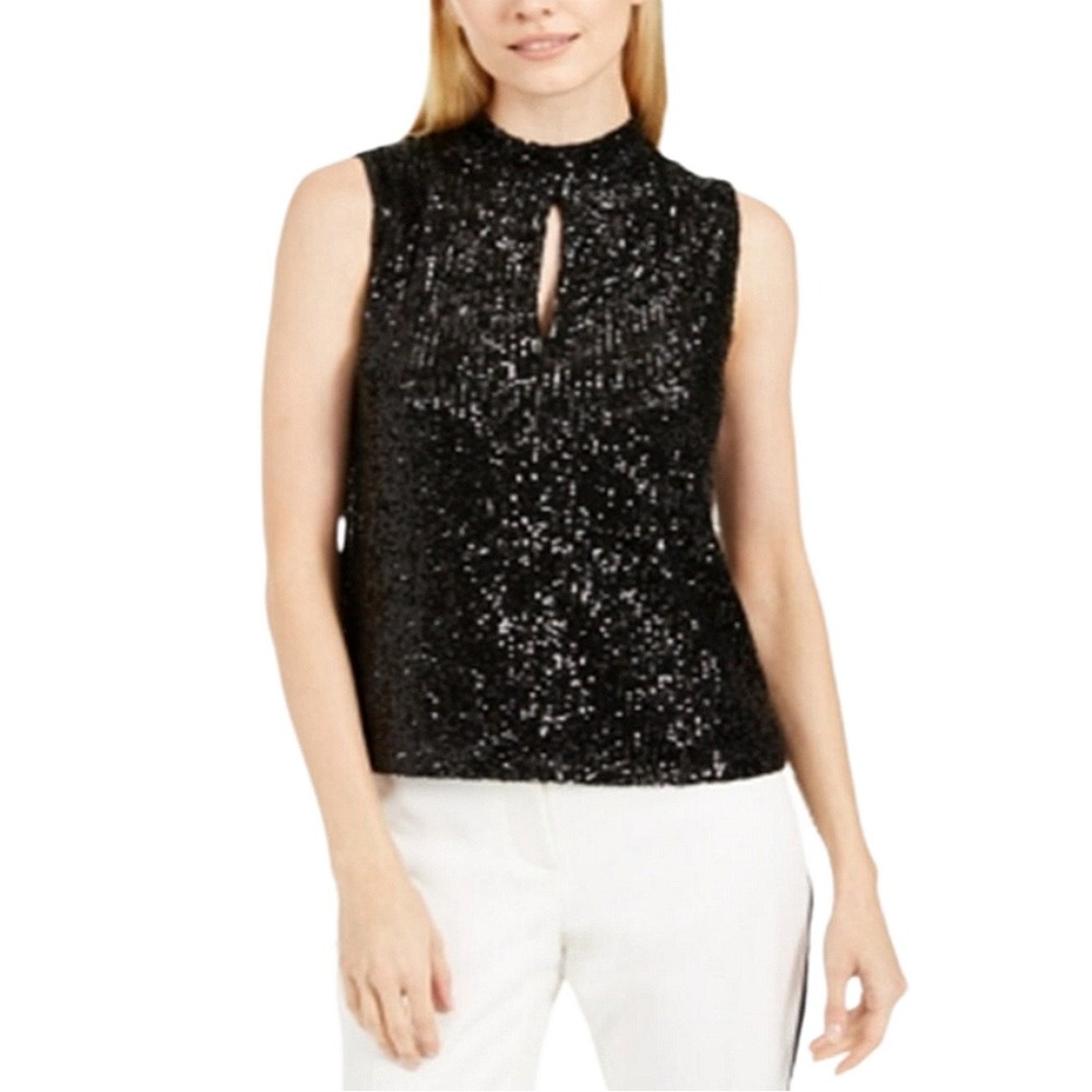 Calvin Klein Black Sequin Top Womens Large Mock Neck Glam Party Night Out Disco